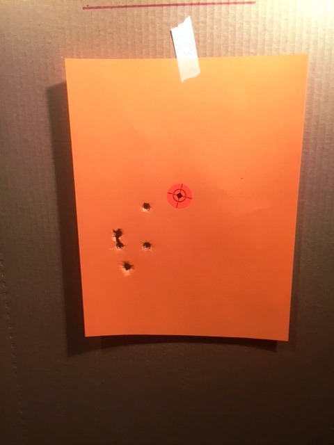 Paper target with scattered hits between 6 & 9 o'clock
