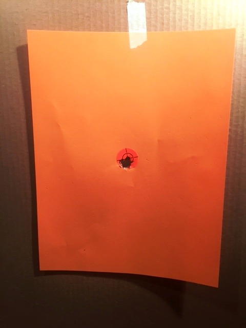 Paper target with grouping in the bullseye