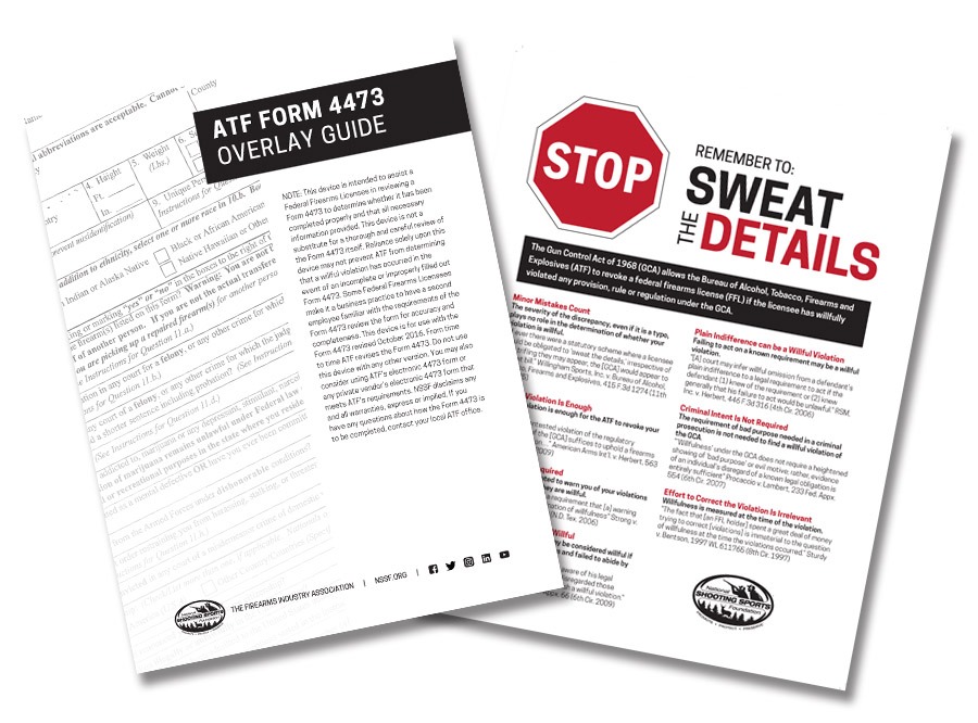 A thumbnail image displaying an example of the ATF Form 4473 Overlay Guide and the "Sweat the Details" training flyer