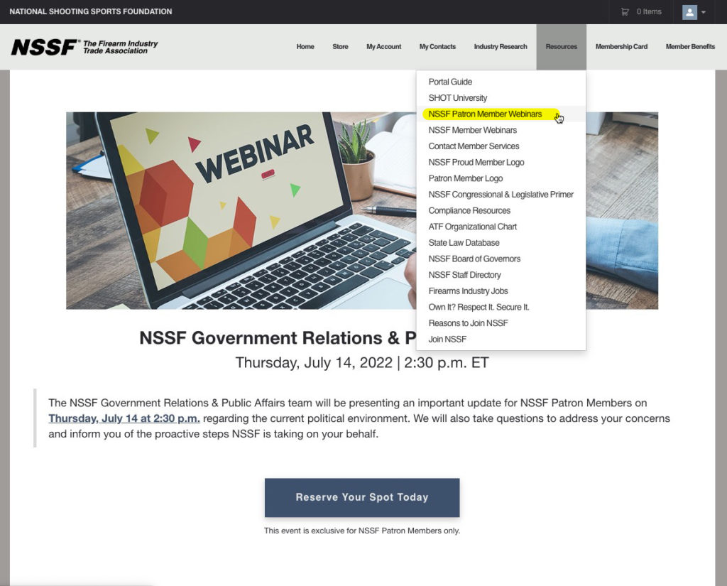 NSSF Member Portal Navigation: Resources Tab, NSSF Patron Member Webinars